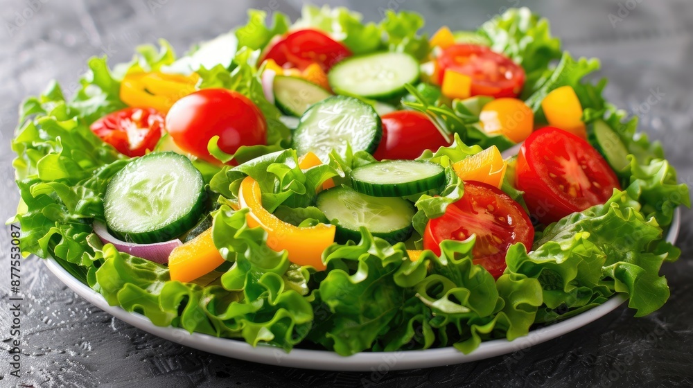 A vibrant fresh salad with lettuce, tomatoes, cucumbers, and bell peppers on a white plate A vibrant fresh salad with lettuce, tomatoes, cucumbers, and bell peppers on a white plate