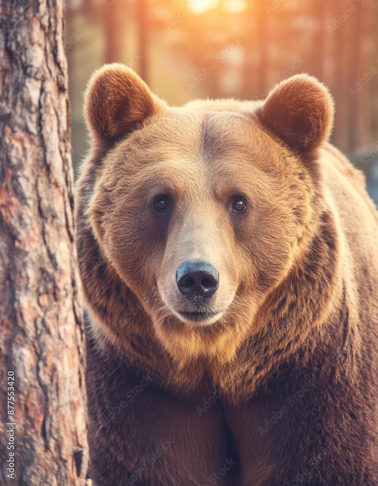 A brown bear is next to a tree, looking at the camera A brown bear is next to a tree, looking at the camera