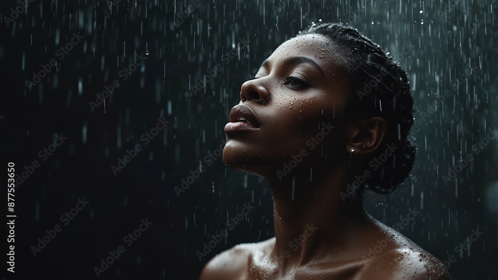 Serene young woman gazing upwards in the rain at night, water droplets on her skin and hair Serene young woman gazing upwards in the rain at night, water droplets on her skin and hair