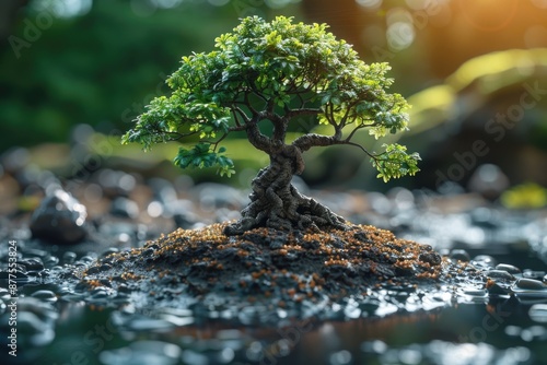 Miniature bonsai tree perfectly positioned on a small mound amongst pebbles with a soft, bokeh background highlighting the tree detail photo