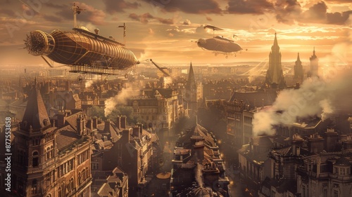 A breathtaking scene of a steampunk cityscape at sunset featuring airships gracefully hovering above the intricate vintage architecture photo