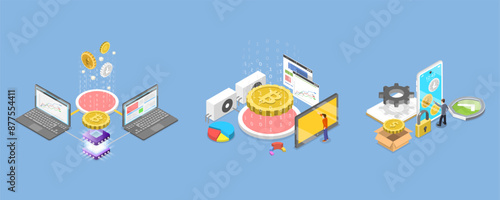 3D Isometric Flat Vector Illustration of Cryptocurrency Marketplace, Digital Money Mining, Smart Wallet and Blockchain