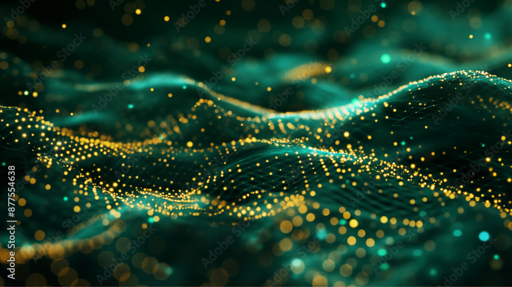 Abstract green waves with golden dots, appearing as a neural network or digital matrix with glowing points of light. Abstract green waves with golden dots, appearing as a neural network or digital matrix with glowing points of light.