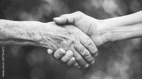 A black and white photograph capturing the handshake between an elderly person and a young individual, symbolizing unity.