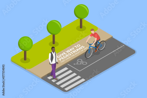 3D Isometric Flat Vector Illustration of Yield to a Pedestrian , Rules for Safely Riding a Bicycle and Following Traffic Regulations