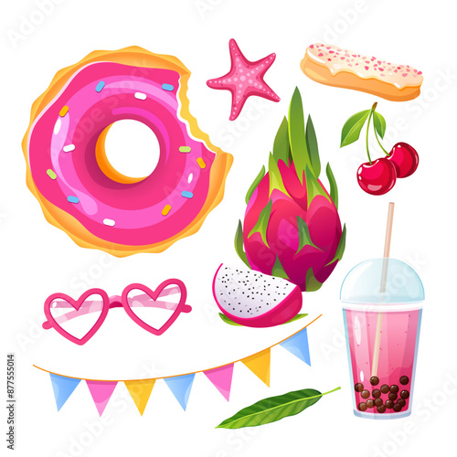 Summer icons set with tropical fruits, sweets, ice drink, decoration and bath accessories.
