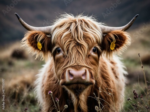 A close-up shot of a highland cow with a shaggy coat and large horns, standing on a grassy hill in nature.