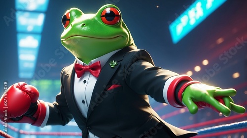 A whimsical illustration of a frog dressed in a tuxedo and boxing gloves, combining elements of humor and fantasy. photo