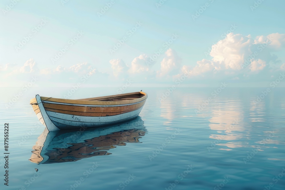 Small wooden boat is floating on calm water with a cloudy sky in the background Small wooden boat is floating on calm water with a cloudy sky in the background