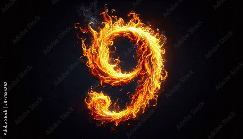 Fototapeta premium The number 9 is depicted in vibrant, glowing flames
