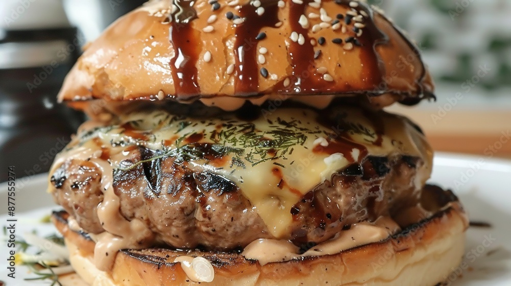 Hamburger with gravy bun and cheesy bun top Hamburger with gravy bun and cheesy bun top