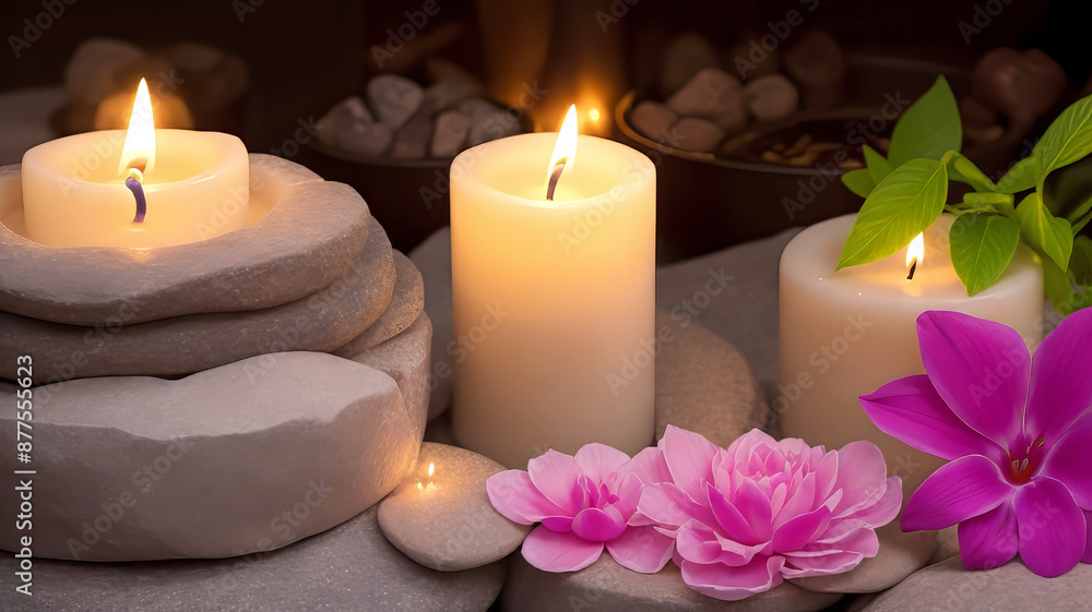 Candles and various spa products close-up, flower pots and spa stones, cozy and emotional atmosphere, Candles and various spa products close-up, flower pots and spa stones, cozy and emotional atmosphere,