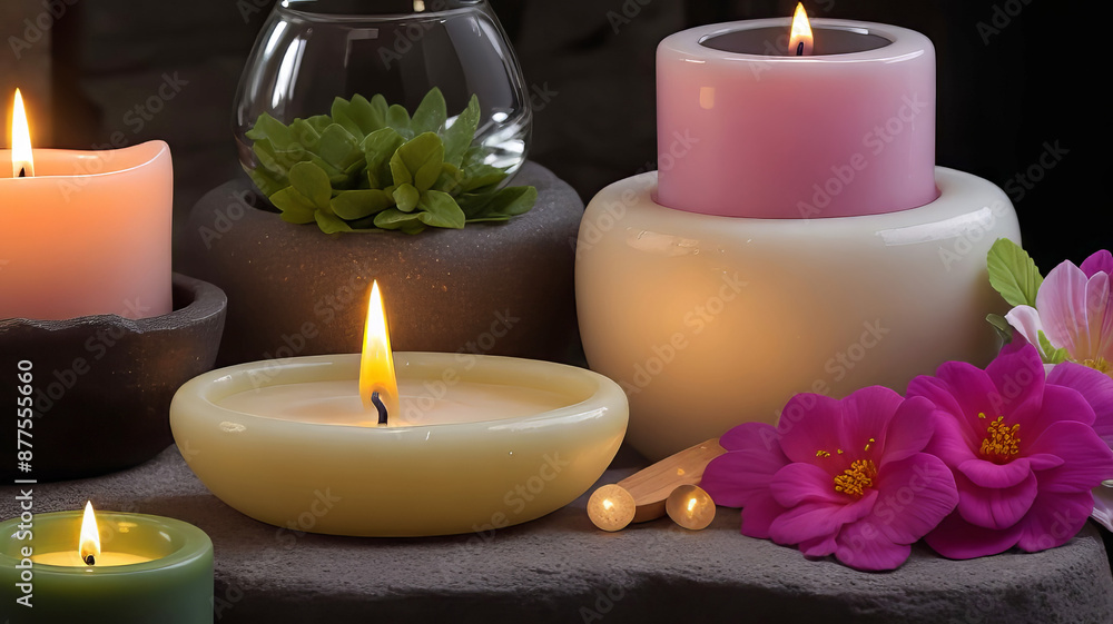 Candles and various spa products close-up, flower pots and spa stones, cozy and emotional atmosphere, Candles and various spa products close-up, flower pots and spa stones, cozy and emotional atmosphere,