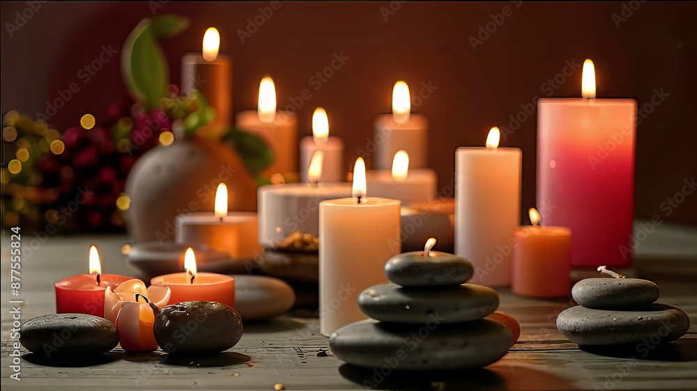 Candles and various spa products close-up, flower pots and spa stones, cozy and emotional atmosphere, Candles and various spa products close-up, flower pots and spa stones, cozy and emotional atmosphere,