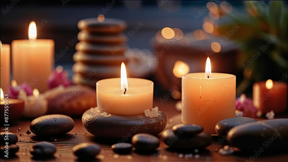 Candles and various spa products close-up, flower pots and spa stones, cozy and emotional atmosphere, Candles and various spa products close-up, flower pots and spa stones, cozy and emotional atmosphere,