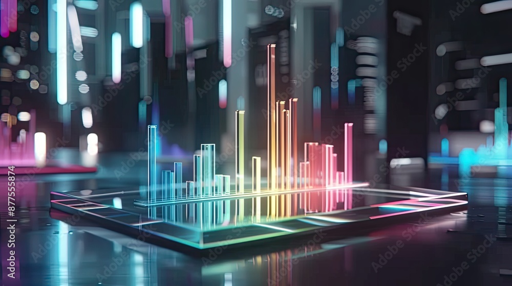 A holographic display on a futuristic tablet showcases a bar graph visualization of data, illuminated by vibrant neon lights. A holographic display on a futuristic tablet showcases a bar graph visualization of data, illuminated by vibrant neon lights.
