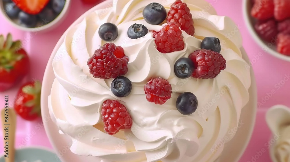 Close-up of a cake with berries and whipped cream on a pink plate surrounded by strawberries in other bowls Close-up of a cake with berries and whipped cream on a pink plate surrounded by strawberries in other bowls