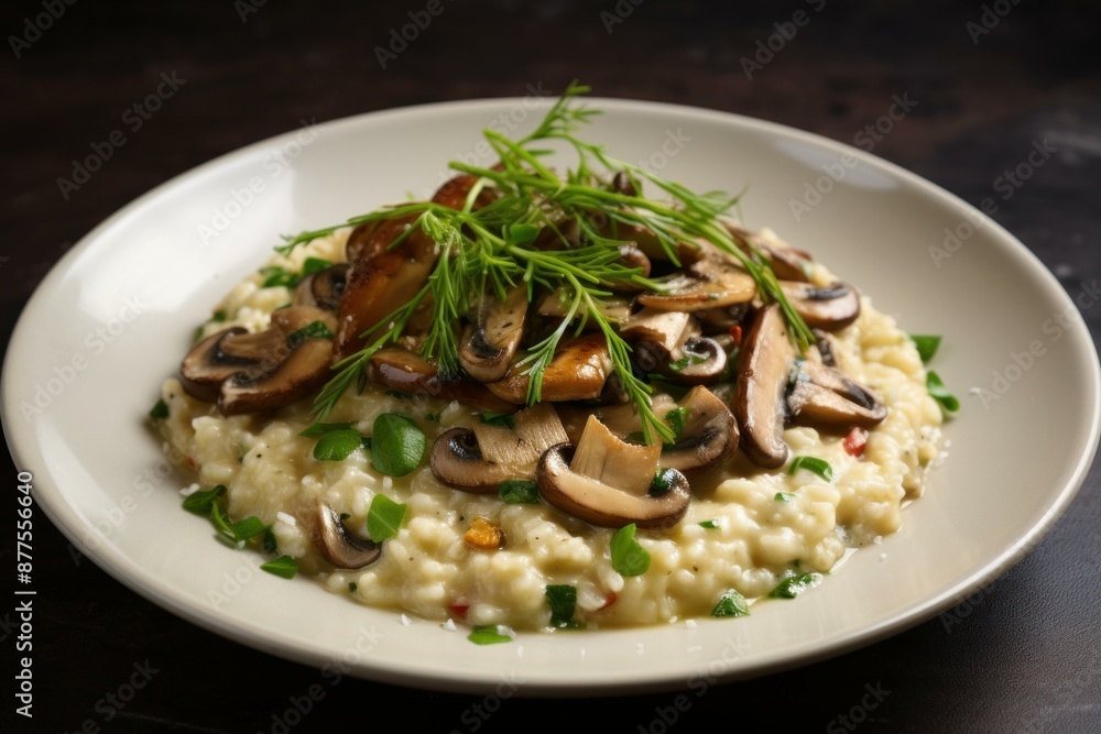 Delicious homemade risotto with sautéed mushrooms and fresh herbs on a white plate Delicious homemade risotto with sautéed mushrooms and fresh herbs on a white plate