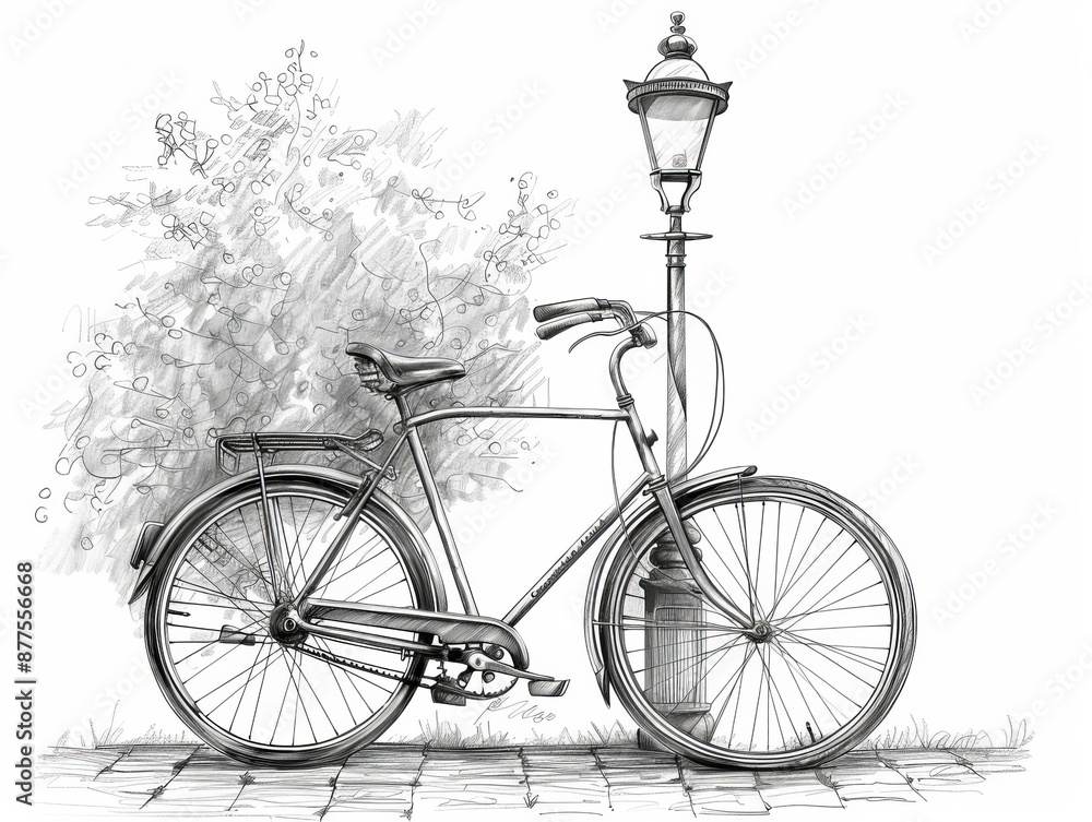 Obraz premium A line drawing of a vintage bicycle, leaning against an old-fashioned lamppost