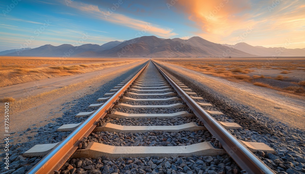A rail track stretching into the horizon leading to distant mountains, captured during sunset, with the sky painted in beautiful hues, representing a journey. A rail track stretching into the horizon leading to distant mountains, captured during sunset, with the sky painted in beautiful hues, representing a journey.