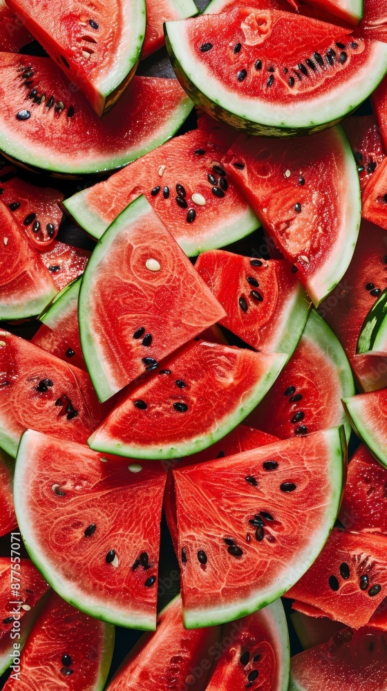 Slices of watermelon arranged on a dark surface Slices of watermelon arranged on a dark surface