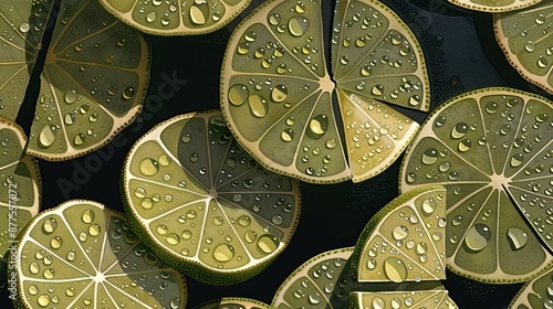  A pattern of lemon slices with water drops on a black background