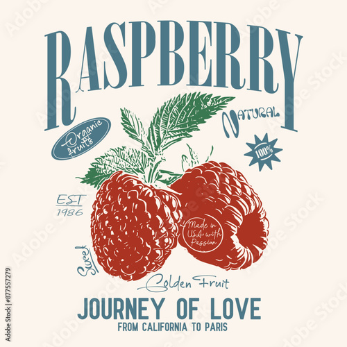 Fruit graphics , raspberry organic fruits, natural sweet , From California to Paris , girls graphic tee print design, women's vector graphics design, food fashion trendy graphics for t-shirt design