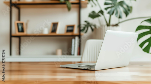Wallpaper Mural A laptop is sitting on a wooden desk in front of a bookshelf Torontodigital.ca