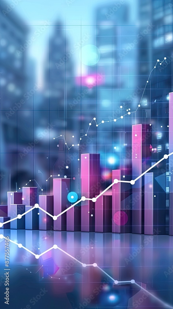 A line graph with glowing gold lines rises above a blurry cityscape at night A line graph with glowing gold lines rises above a blurry cityscape at night