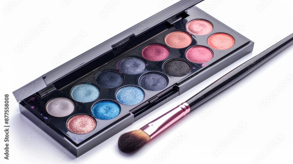 Palette containing eyeshadow and brush isolated on white background for professional makeup Palette containing eyeshadow and brush isolated on white background for professional makeup