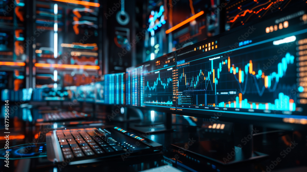 Close-up of many digital screens in a dark office with red charts. Analyze data using graphs on computer screens. Business, analysis and technology concept.