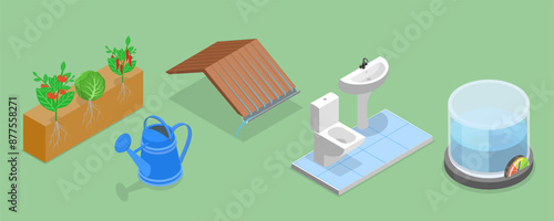 3D Isometric Flat Vector Set of Rainwater Harvesting Items Part 1, Responsible Lifestyle