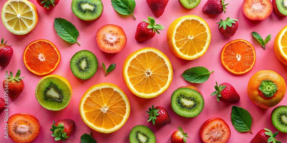 Colorful Fruit Flat Lay with Pink Background, Lemon, Kiwi, Orange, Strawberry, Pink , Flatlay , Food , Fruit Colorful Fruit Flat Lay with Pink Background, Lemon, Kiwi, Orange, Strawberry, Pink , Flatlay , Food , Fruit