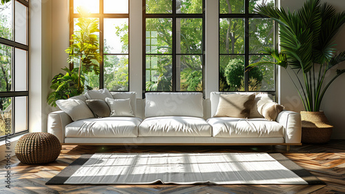 Modern Minimalist Living Room with Natural Light and Greenery