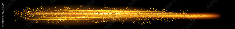 Naklejka premium Glowing golden beam, neon light effect,sparkling trail. Luminous stick with flying sparkles. Magic and technology. Isolated element on transparent background. Vector illustration