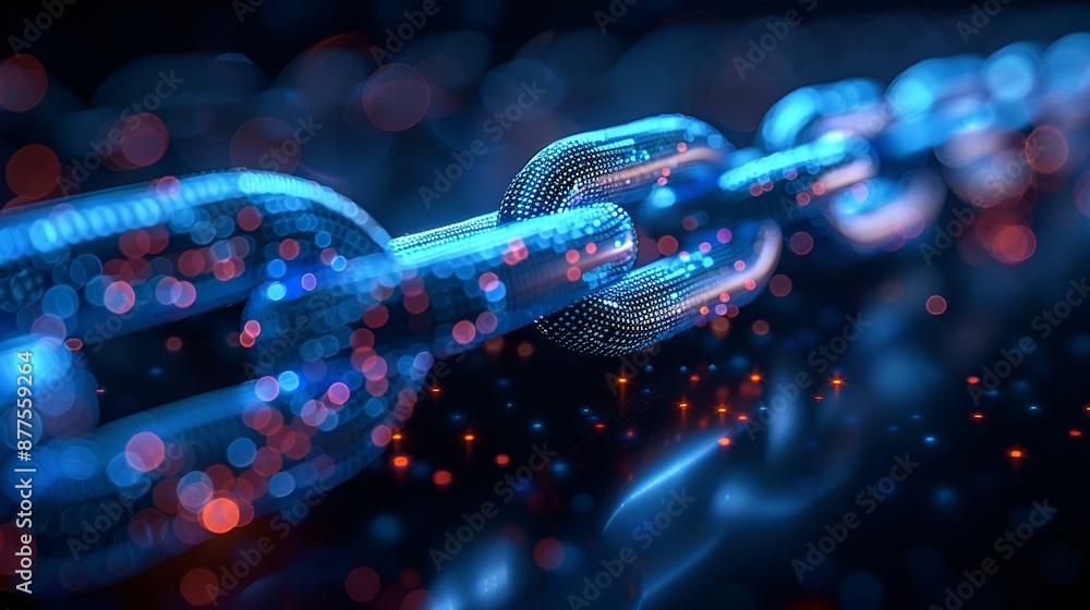 A chain of metallic links against a digital backdrop. A chain of metallic links against a digital backdrop.