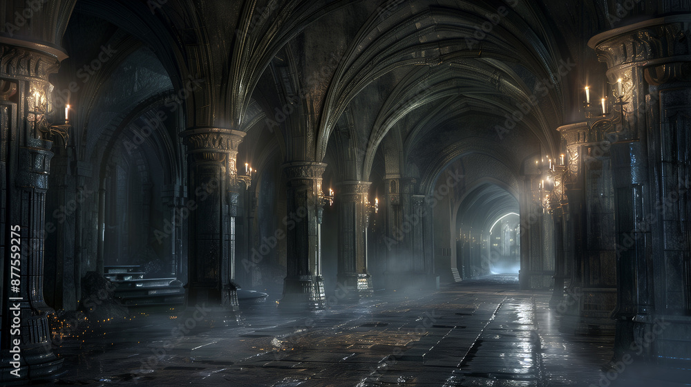 Fototapeta premium Mysterious gothic cathedral interior. 3d render illustration