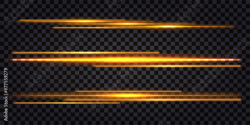 Laser light stick, neon glowing light, golden yellow beams, LED effect. Luminous shiny lines isolated on dark transparent background. Vector illustration