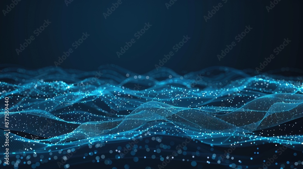 A digital illustration of abstract blue waves with a mesh pattern. The waves are illuminated by a bright light source, creating a sense of depth and movement A digital illustration of abstract blue waves with a mesh pattern. The waves are illuminated by a bright light source, creating a sense of depth and movement