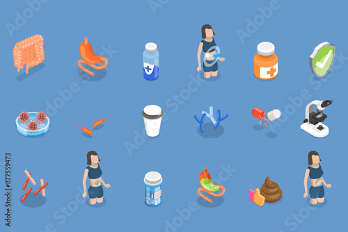 3D Isometric Flat Vector Set of Probiotic Items, Lactobacillus And Prebiotic Bacteria