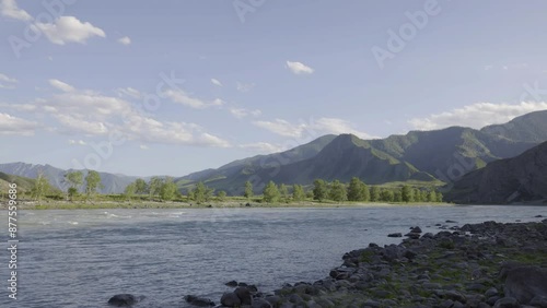 video with summer landscape. timelapse with clouds above mountain river