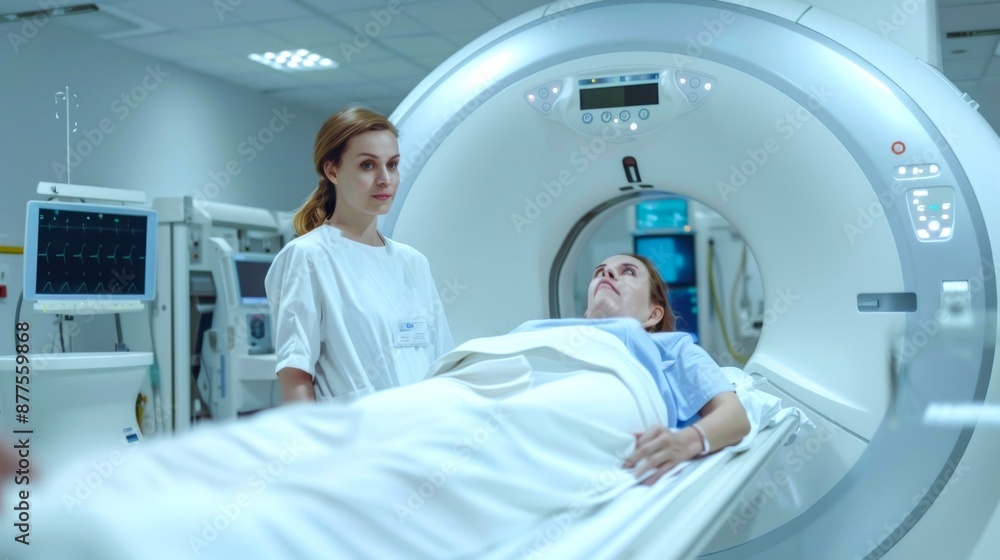 A nurse assists a patient during an MRI scan in a modern hospital. The patient is lying on a gurney, preparing for the medical procedure. The room is equipped with advanced diagnostic technology. AI A nurse assists a patient during an MRI scan in a modern hospital. The patient is lying on a gurney, preparing for the medical procedure. The room is equipped with advanced diagnostic technology. AI