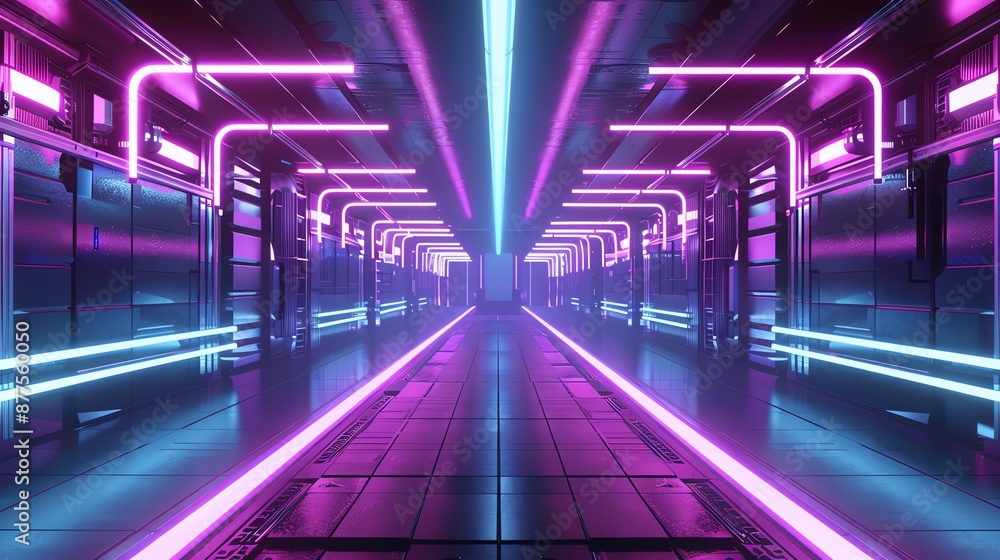 Futuristic corridor with vibrant neon lights, showcasing a high-tech atmosphere and modern architectural design. Futuristic corridor with vibrant neon lights, showcasing a high-tech atmosphere and modern architectural design.