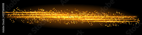 Golden neon glowing border, laser beam, light glow effect, sparkling trail. Luminous  streakes, lightning thunder bolt flash. Isolated on dark background. Vector illustration
