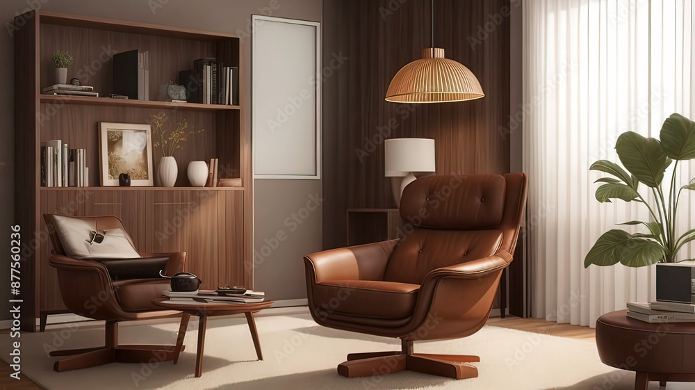 Modern retro home decor with stylish living room with armchair, wooden bookcase, Modern retro home decor with stylish living room with armchair, wooden bookcase,