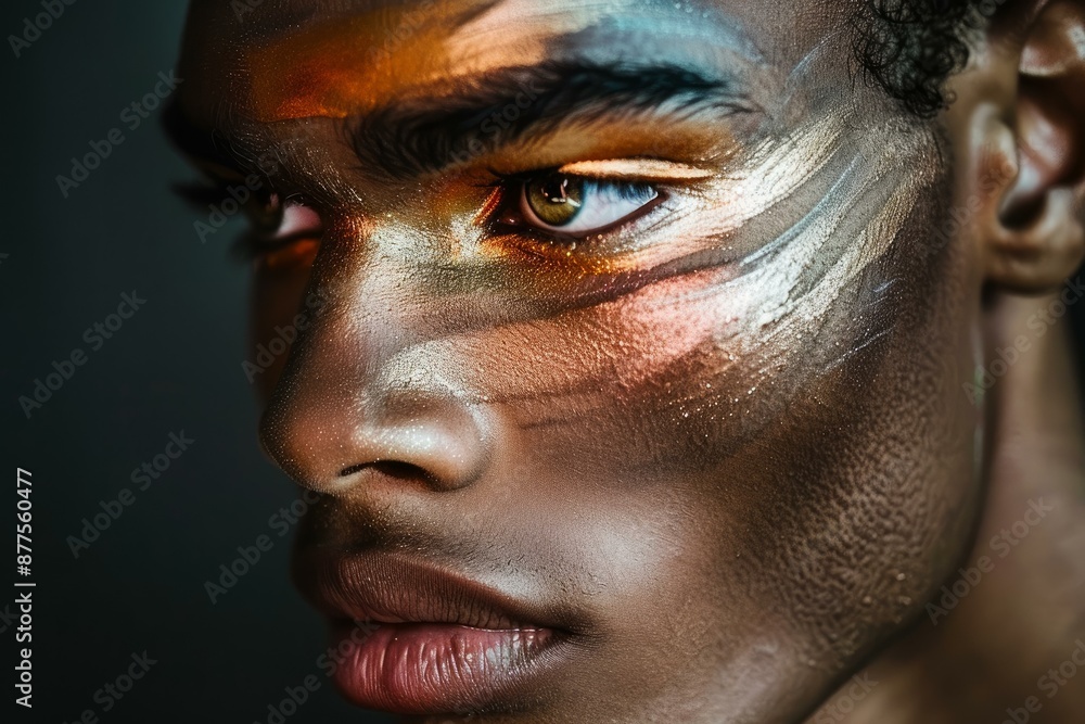 Close up of a male model posing with metallic gold and silver makeup on face Close up of a male model posing with metallic gold and silver makeup on face