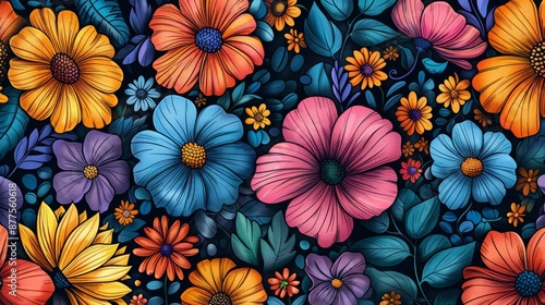 Wallpaper Mural floral doodle art, vivid, detailed floral doodle art in bright colors, ideal for injecting vibrancy into your projects and adding a splash of color Torontodigital.ca