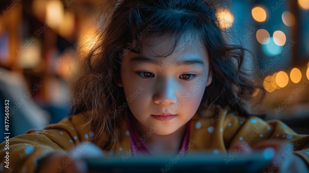 A young girl intently looks at a tablet screen, surrounded by soft bokeh lights in a cozy room. A young girl intently looks at a tablet screen, surrounded by soft bokeh lights in a cozy room.