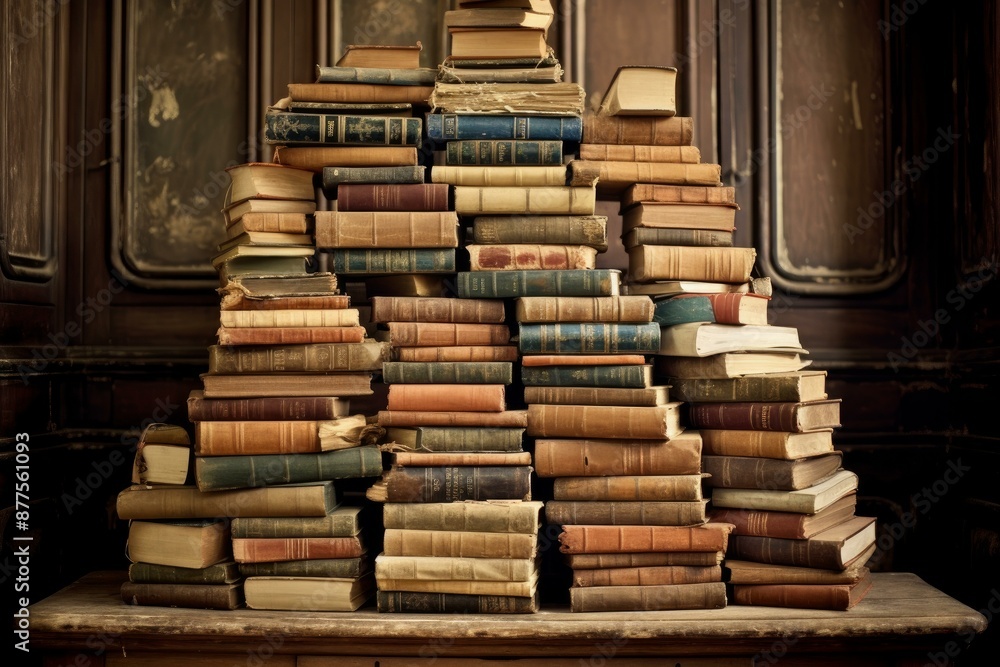 Large stack of classic books set against an elegant, vintage interior with wooden paneling Large stack of classic books set against an elegant, vintage interior with wooden paneling