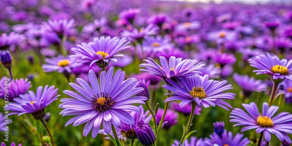 Fototapeta premium Purple Aster Field Close-up, Purple Flowers, Asteraceae, Wildflowers, Spring Bloom